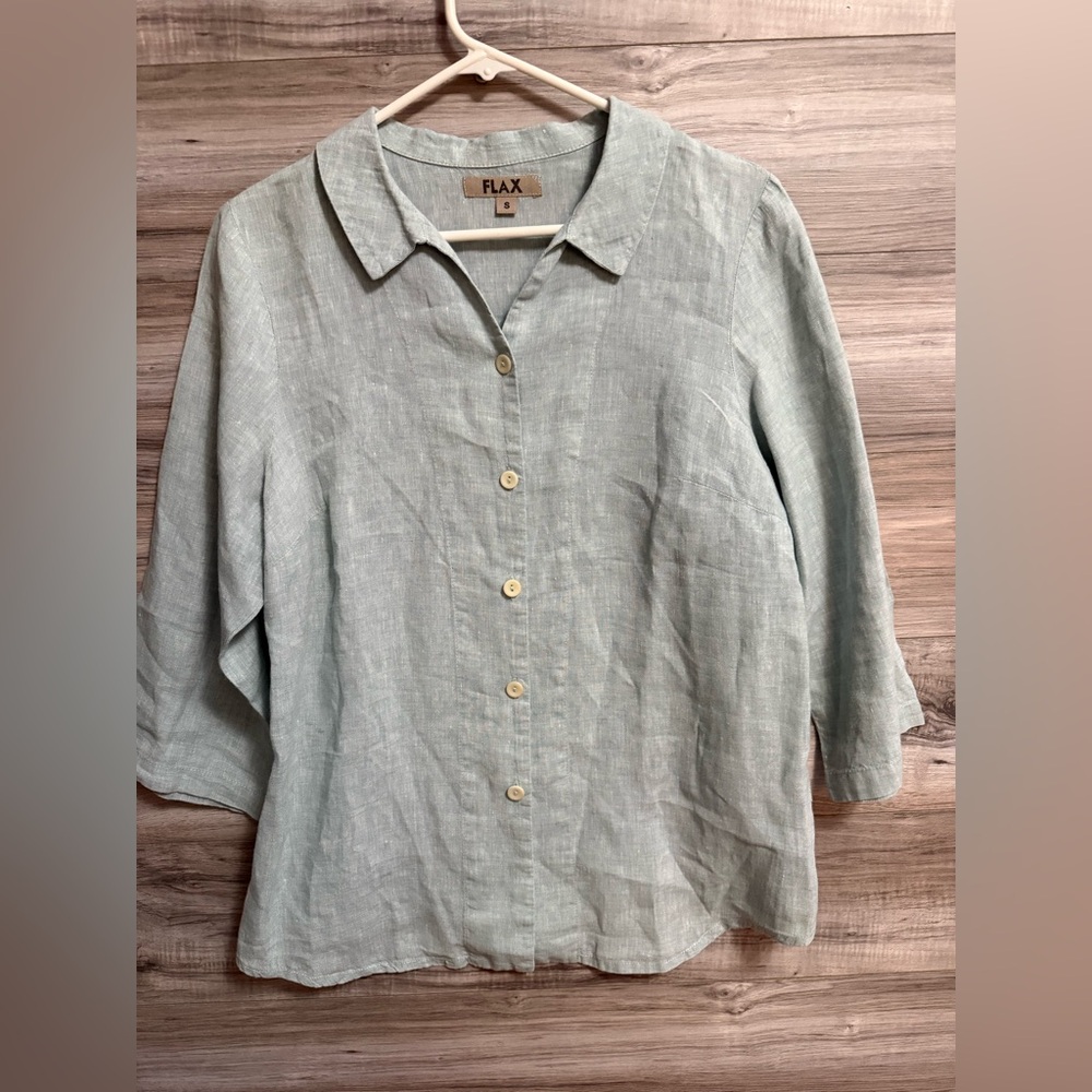Flax Womens 100% Linen Button-Up Shirt Top Light Blue 3/4 Length Sleeve